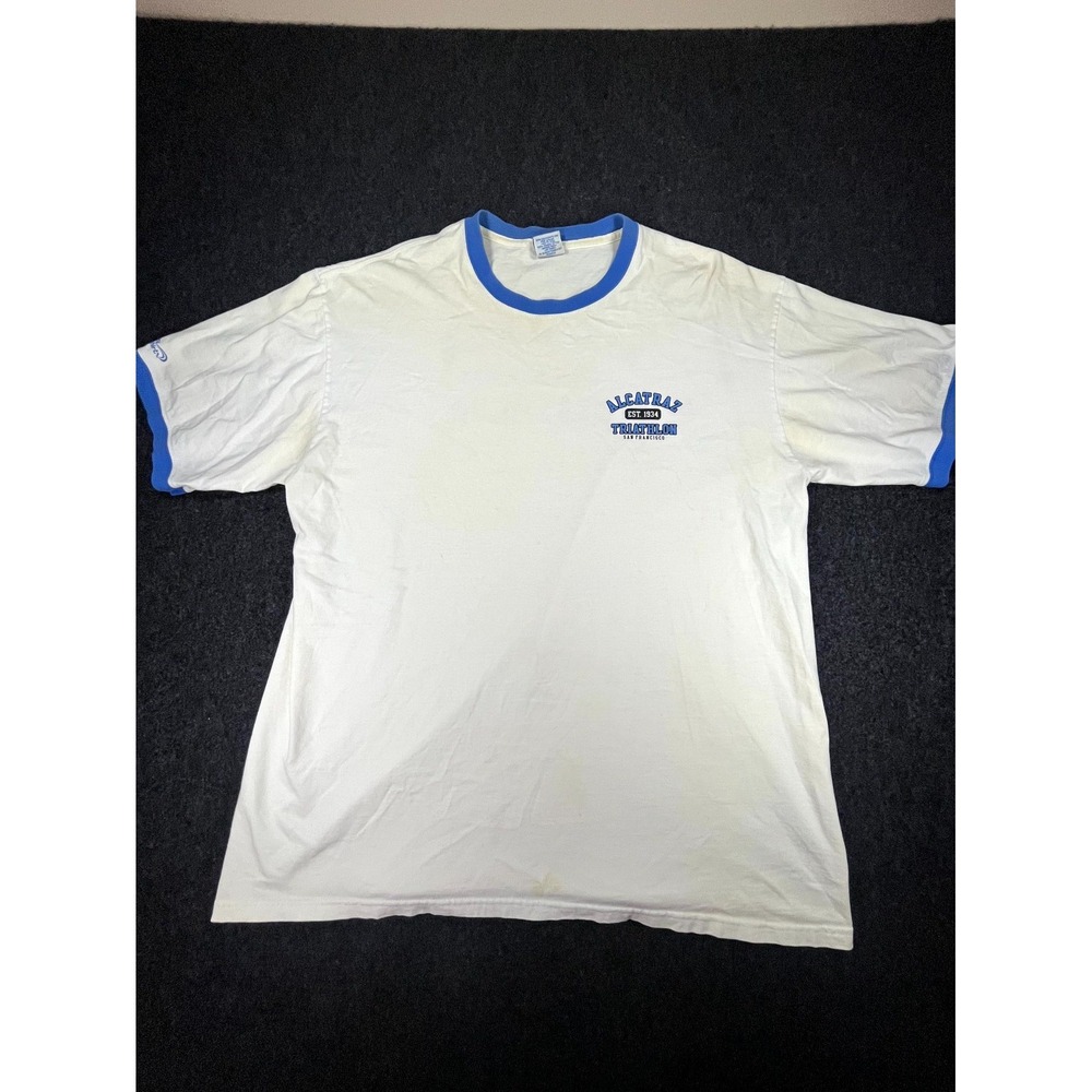 Vintage Crazy Shirts Men's XL White Alcatraz Triathlon San Francisco Ringer Y2K